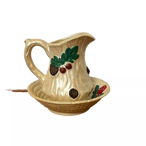Vtg Pitcher With Bowl Ceramic Mushroom Log Stump Acorn Oak Leaves witchy cottage - Picture 5 of 16
